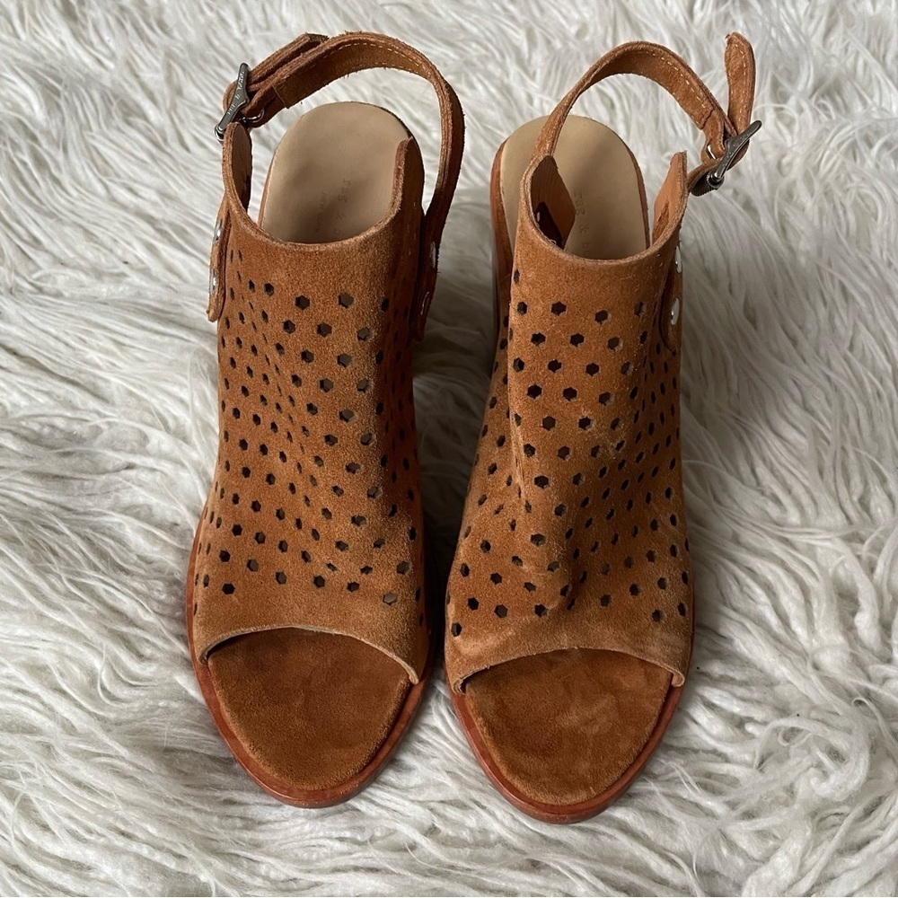 Rag & Bone Tan Peep Toe Wyatt Perforated Suede Heeled Sandal EUC Size 38 - Picture 6 of 12